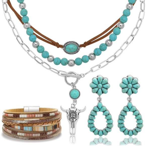 Bohemian Turquoise Jewelry Set: Dangle Earrings, Necklace, & Bracelet for Women - Picture 1 of 7